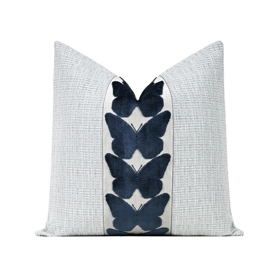 Signature Tweed Throw Pillow Cover in Spa Blue with Large Centered Navy Blue Butterfly Trim | Etsy (Global)