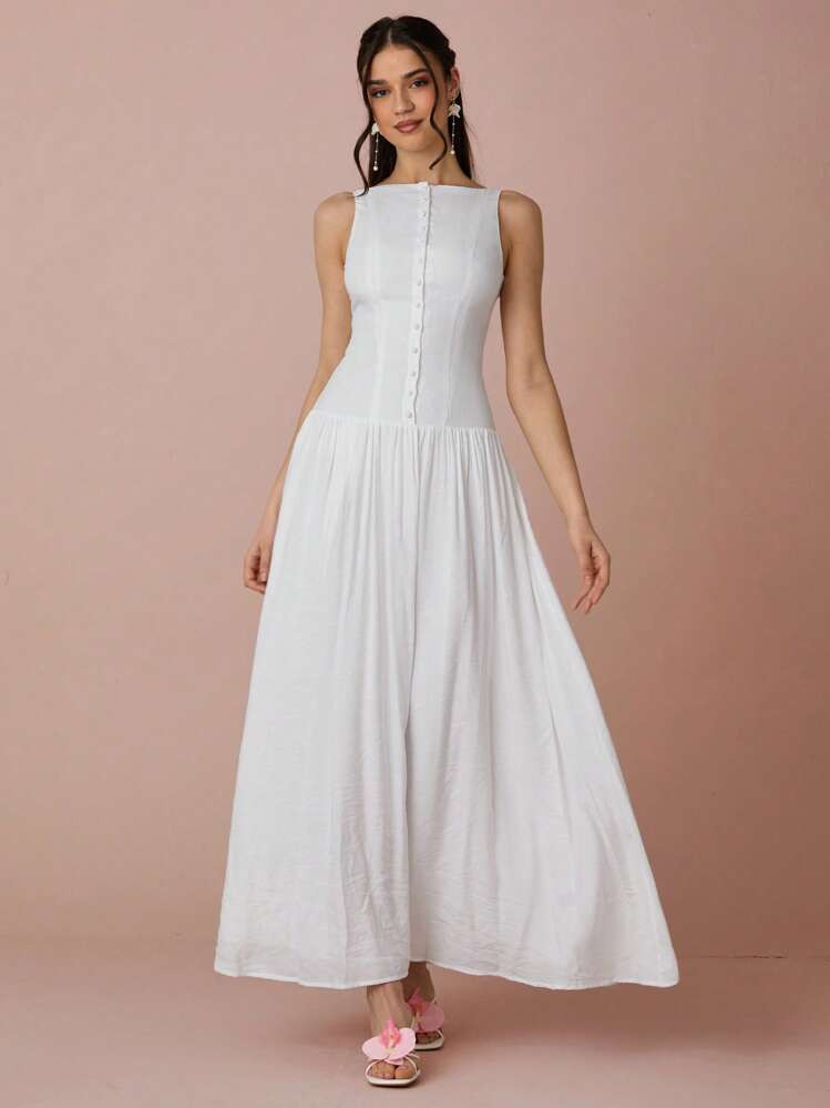 Enchnt Spring/Summer Romantic Women Sleeveless White Front Button Decoration Maxi Dress, Sweet And Elegant Sexy Dress, Suitable For Wedding Season, Holidays, Vacation, Sweet Date And Graduation Season, Women's Summer Clothing, Concert Outfit Women,Easter Outfit Women | SHEIN