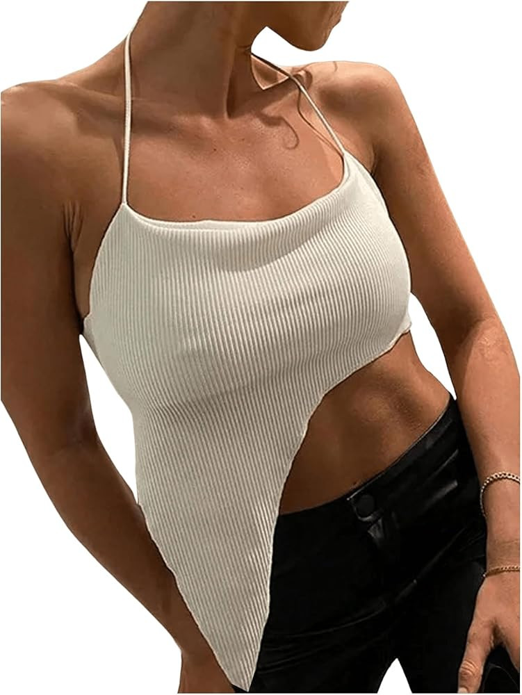 Milumia Women's Spaghetti Strap Tie Backless Asymmetrical Hem Crop Halter Top | Amazon (US)