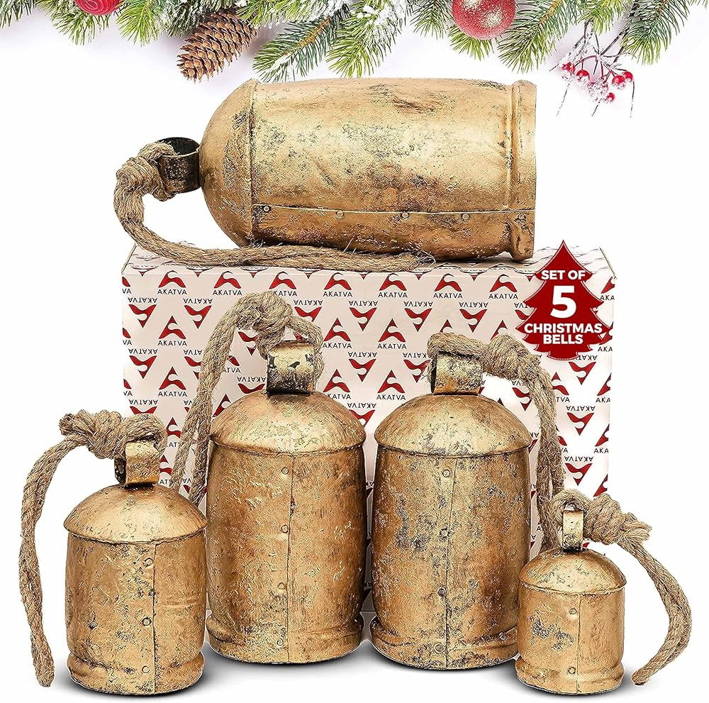 Large Brass Cow Bells for Rustic Christmas Decor - Set of 5 Vintage Gold Bells on Rope | Amazon (US)