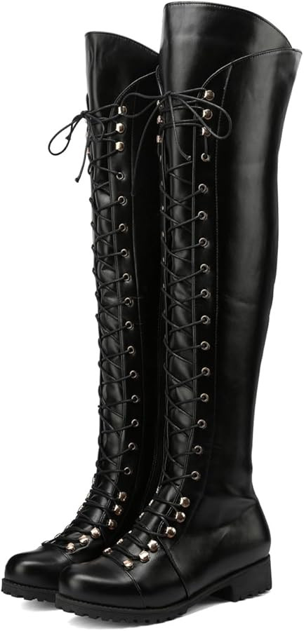 Chic Women Knight Boots Medieval Renaissance Boots Pull On Mid Calf Gothic Pu Leather Boots Flat ... | Amazon (US)