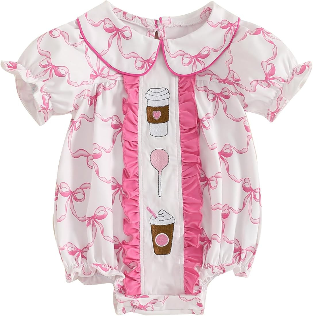 Newborn Baby Girl Romper Bow Embroidery Peter Pan Collar Short Sleeve Bubble Bodysuit Summer Clot... | Amazon (US)