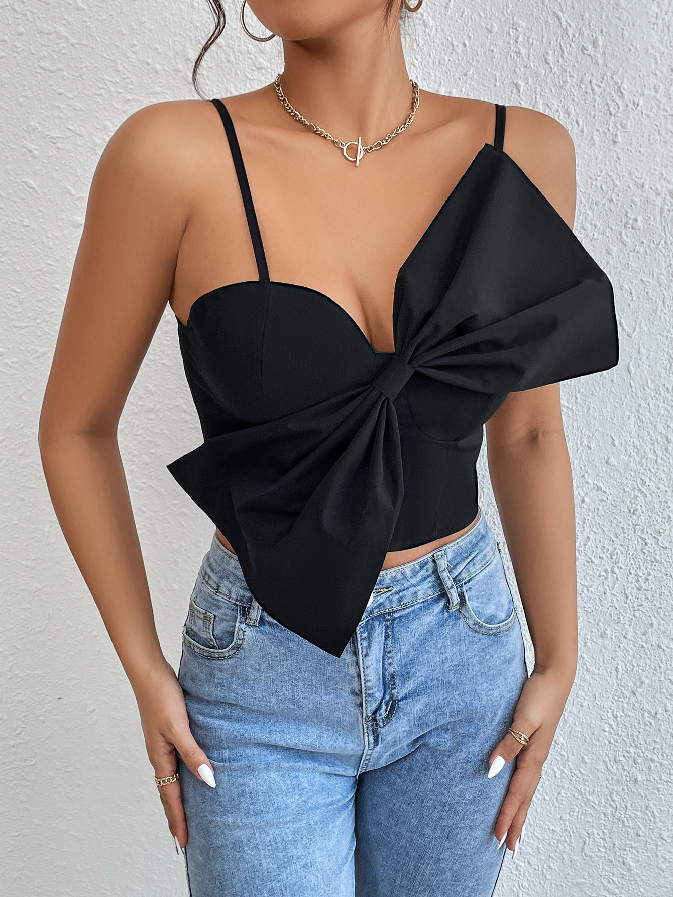 SHEIN Privé Big Bow Front Shirred Back Crop Cami Top | SHEIN
