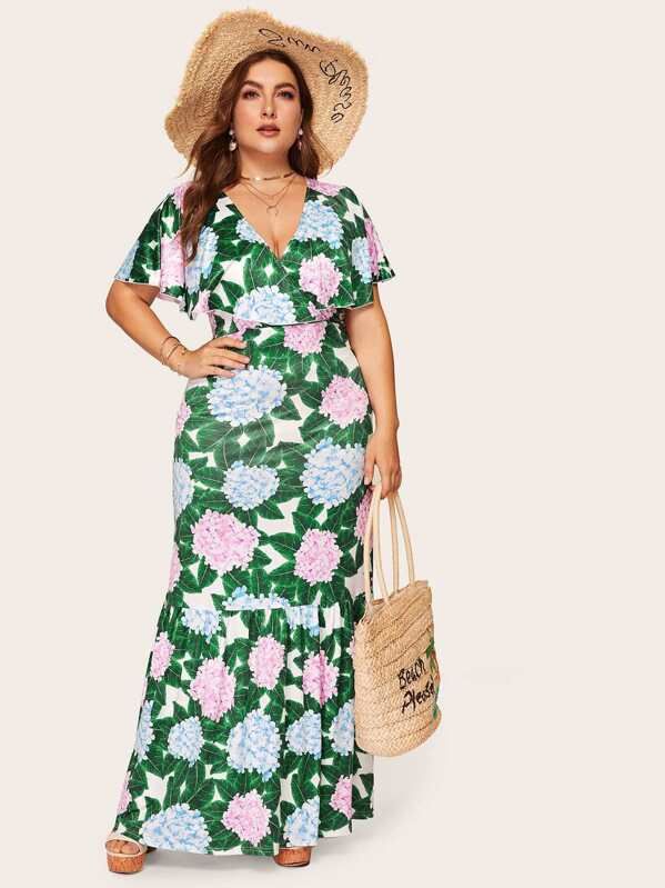 Plus Floral Print Surplice Front Ruffle Dress | SHEIN