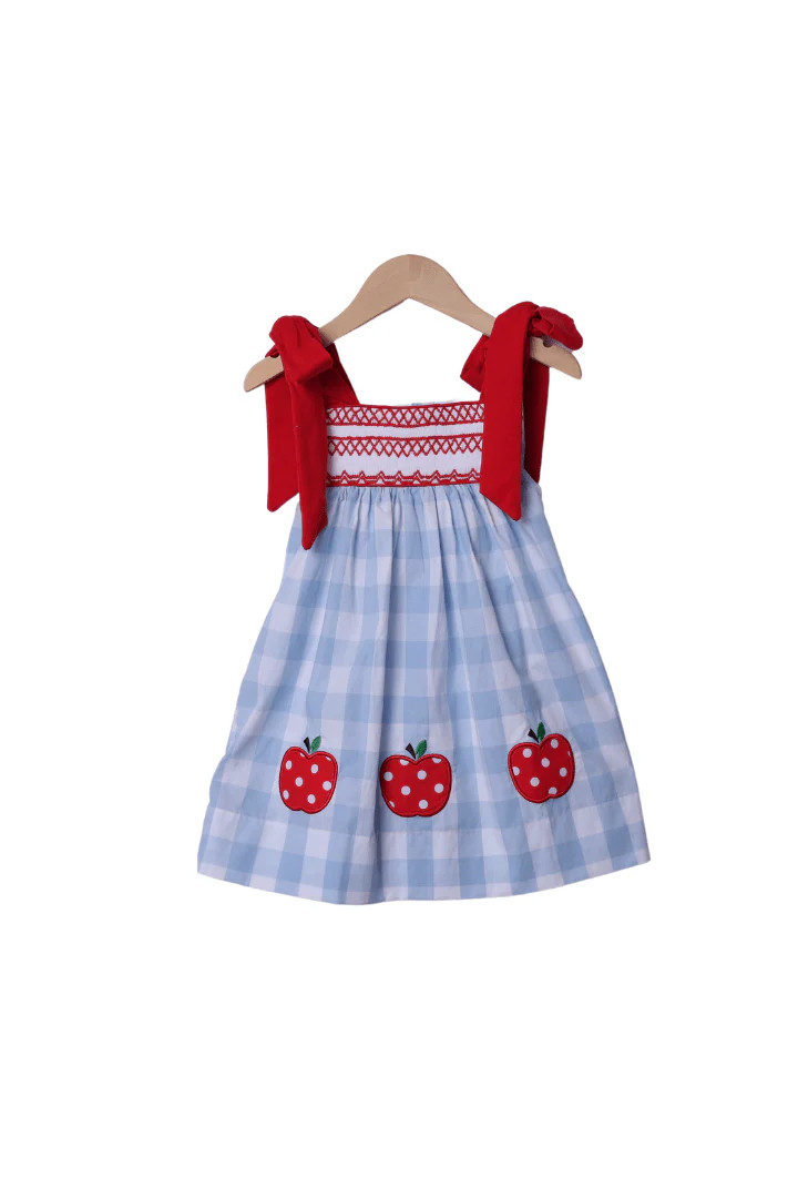 Smocked Apple Red/Blue Gingham Tie Dress | The Smocked Flamingo