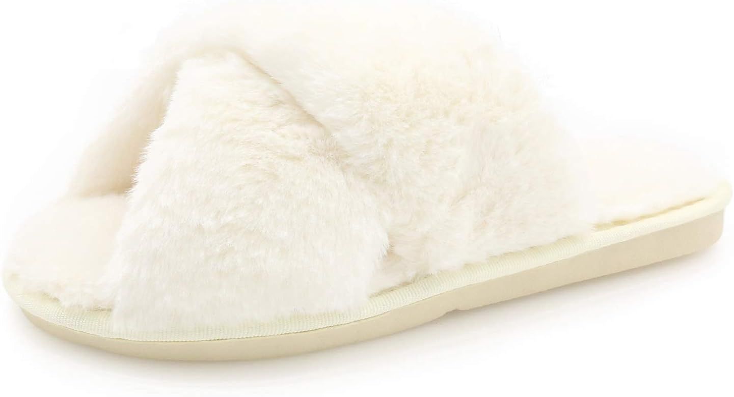 Womens Fuzzy Slippers Sandals Leopard Plush Open Toe Faux Fur Fluffy House Flats Slippers Cross B... | Amazon (US)