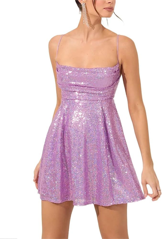 Women Sexy Glitter Sparkle Party Dress Sleeveless Spaghetti Straps Backless Sequin Mini Dress for Ni | Amazon (US)
