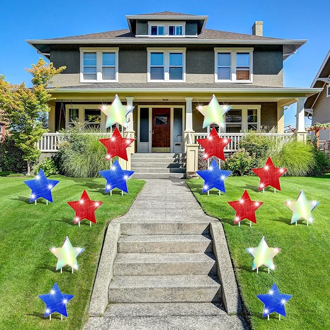 Yookeer 4th of July Bling Star Yard Sign Decorations Outdoor Patriotic Red White Blue Stars Veter... | Amazon (US)