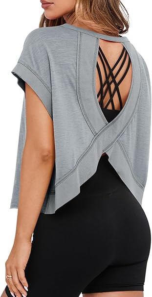 MIHOLL Women's Oversized Open Back Short Sleeve Workout T-Shirt | Amazon (US)