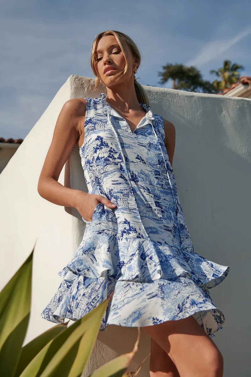 Francine Toile Sky Graceland Ruffle Trim Mini Dress | Sugarlips