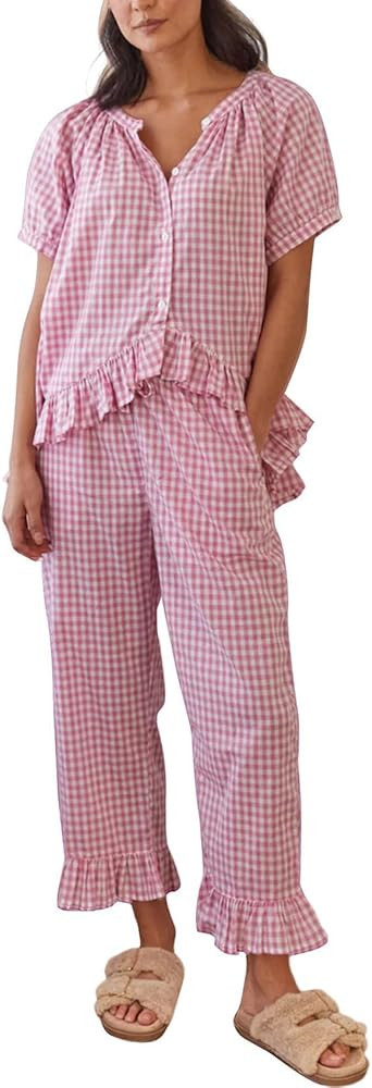 Gihuo Gingham Pajama Set for Women Pjs Plaid Ruffle Top and Pants Lounge Sleepwear | Amazon (US)
