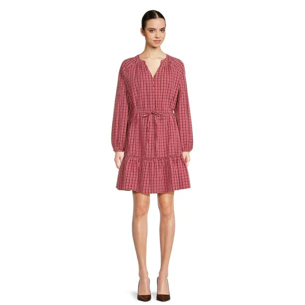 Time and Tru Women's Long Sleeve Micro Plaid Dress | Walmart (US)