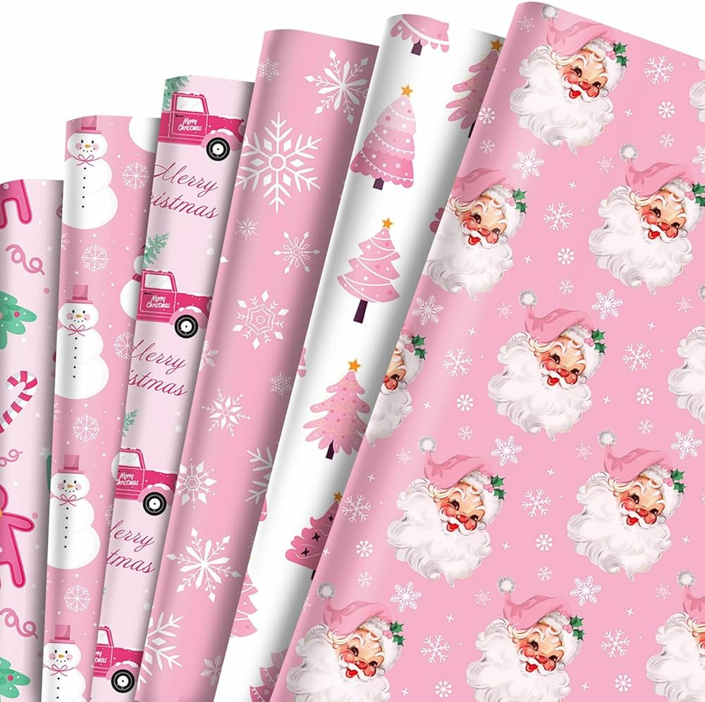 12 Sheets Pink Christmas Wrapping Paper Christmas Tree Santa Snowflake Wrapping Paper Xmas DIY Cr... | Amazon (US)