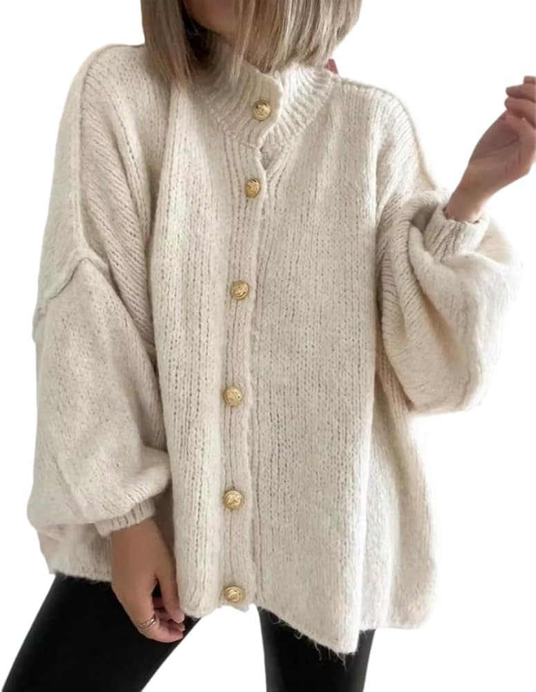 Women's Button Down Cardigans Oversized Chunky Knit Sweater Long Sleeves Turtleneck Outwear | Amazon (US)