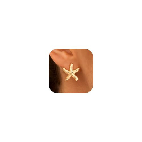 GUOKE Starfish Earrings for Women – 14K Gold Plated Grooved Sea Star Stud Earrings, Summer Beach Ocean-Inspired Dainty Jewelry for Her | Amazon (US)