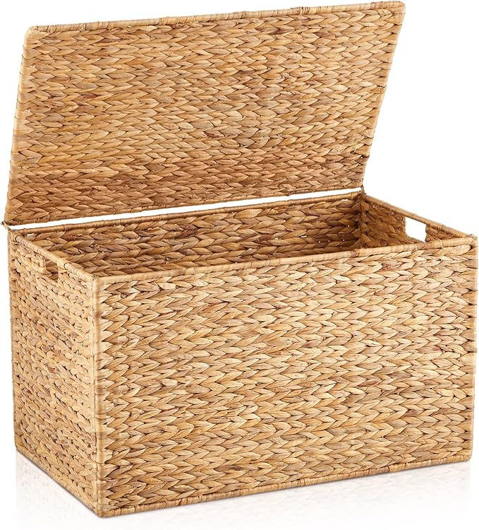 Wonderjune 30 x 17.5 x 17.5 Inch Water Hyacinth Wicker Storage Trunk with Metal Frame, Heavy Duty... | Amazon (US)