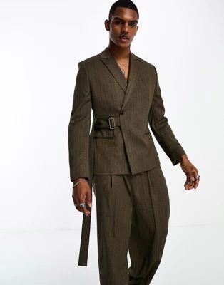 ASOS DESIGN slim suit jacket in tonal stripe with belt detail  | ASOS | ASOS (Global)
