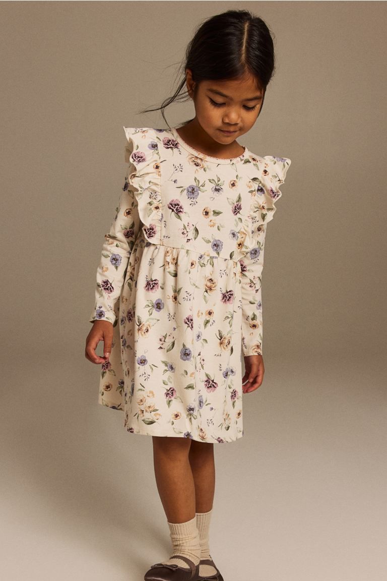 Flounce-trimmed Jersey Dress - Natural white/floral - Kids | H&M US | H&M (US)