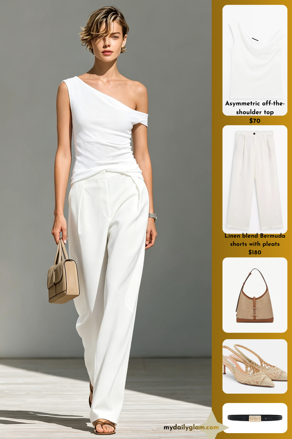 Minimal All White Co-Ord Draped Asymmetric Off Shoulder Tank & Flowy Wide Leg Pants Summer Capsule Look

#MinimalStyle #SummerAllWhite #CapsuleWardrobe 

 #LTKootd #LTKOver40 #LTKWorkwear