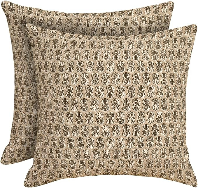 HOSTECCO Block Print Throw Pillow Covers 20x20 inch Set of 2 Vintage Floral Cream Beige Pillow Ca... | Amazon (US)