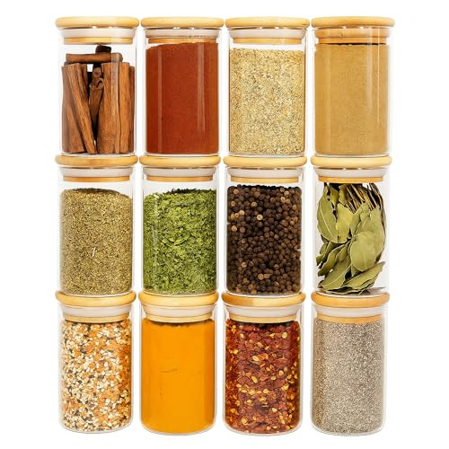 12 Natural Bamboo Spice Jars - 8.5oz Large Glass Jars with Bamboo Lids - Seasoning Jar with Airti... | Amazon (US)