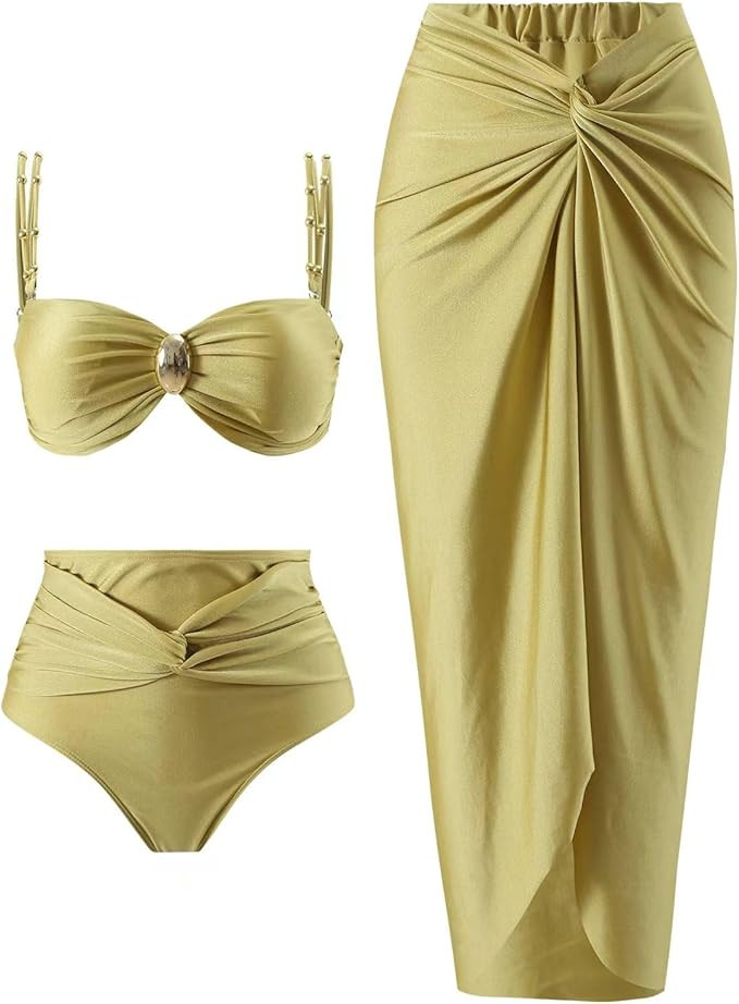 Women's One Piece Swimsuit with Cover up Set Beach Wrap Skirt Retro Bikini Set Two Piece Bathing ... | Amazon (US)