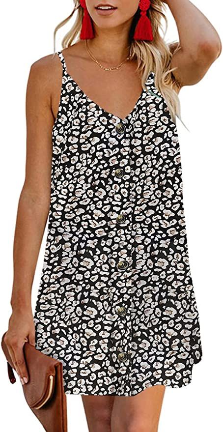 AlvaQ Women 2023 Summer Spaghetti Strap Button Down V Neck Sleeveless Casual Mini Dress Strappy S... | Amazon (US)