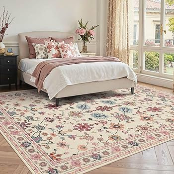 Pink Rug for Living Room Bedroom, Floral 5x7 Washable Rug,Vintage Boho Area Rug, Large Non Slip F... | Amazon (US)