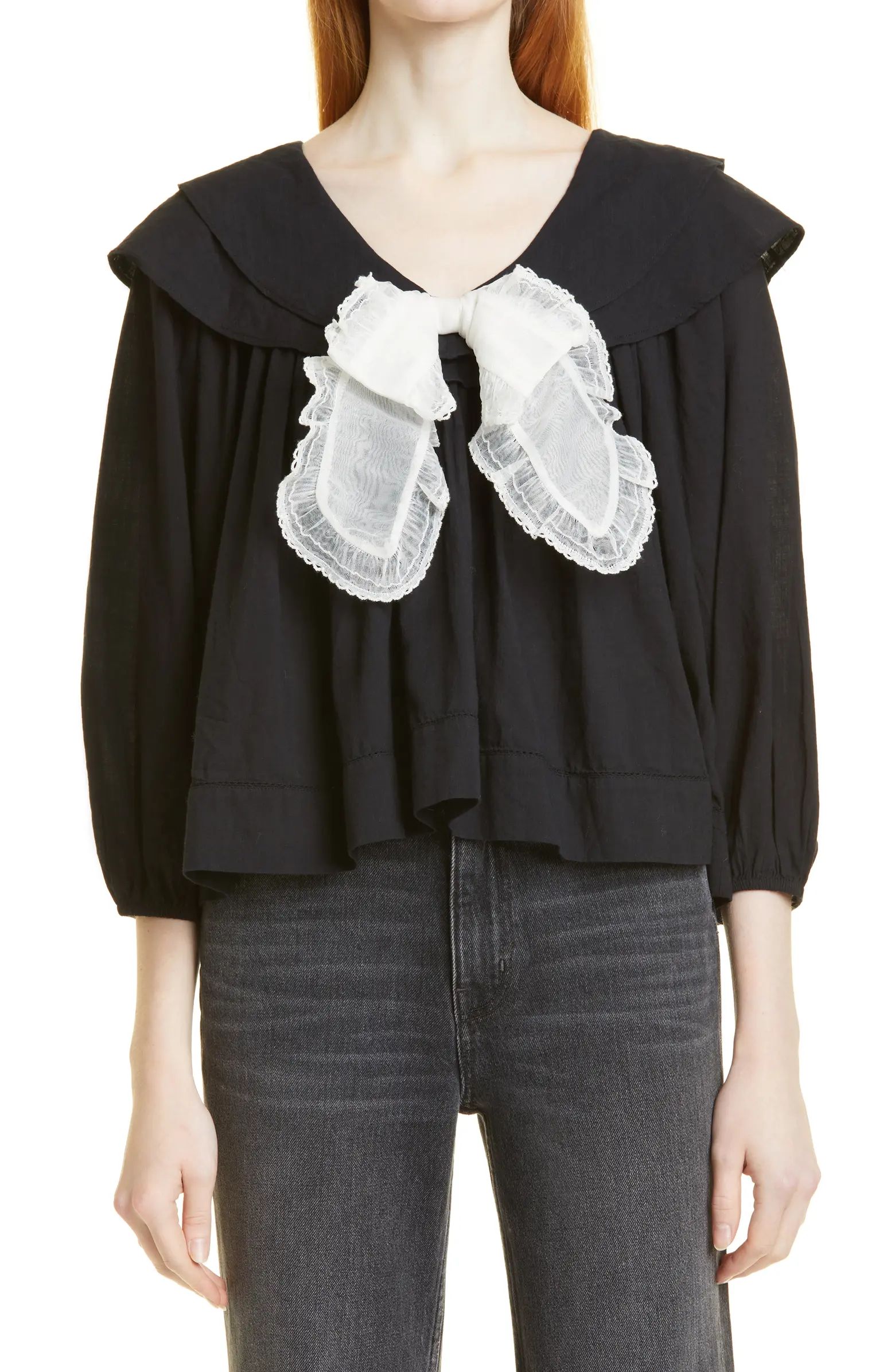 THE GREAT. The Relic Lace Bow Cotton Blouse | Nordstrom | Nordstrom