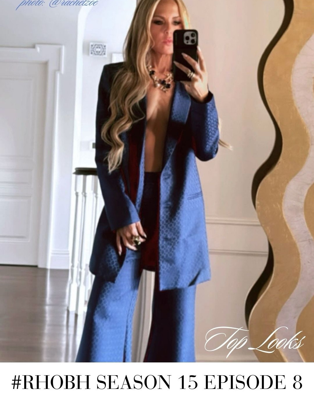 Roundup! Real Housewives of Beverly Hills Season 15 Episode 8 Fashion // Rachel Zoe’s Blue and White Suits are by Adriana Iglesias, her Lariat is Vintage Valentino and her Coral Necklace is Kenneth Jay Lane // Bozoma Saint John’s Dress is by and her Hoodie is by Actively Black // Erika Girardi’s Pink Glitter Platforms are by Giuseppe Zanotti / 📸 = @bravotv @rachelzoe @jennifertilly @bravowwhl