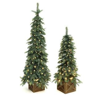 3 ft., 4 ft. 2-Piece Green Downswept Branches Potted Artificial Christmas Tree with Battery-Operated Lights | The Home Depot
