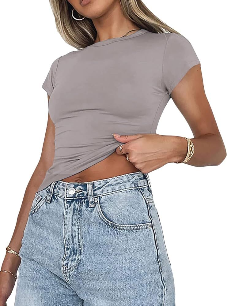 Women's Basic Slim Fit T-Shirt Top Short Sleeve Y2K Tops TikTok Influence Crop Top Club Party Str... | Amazon (UK)
