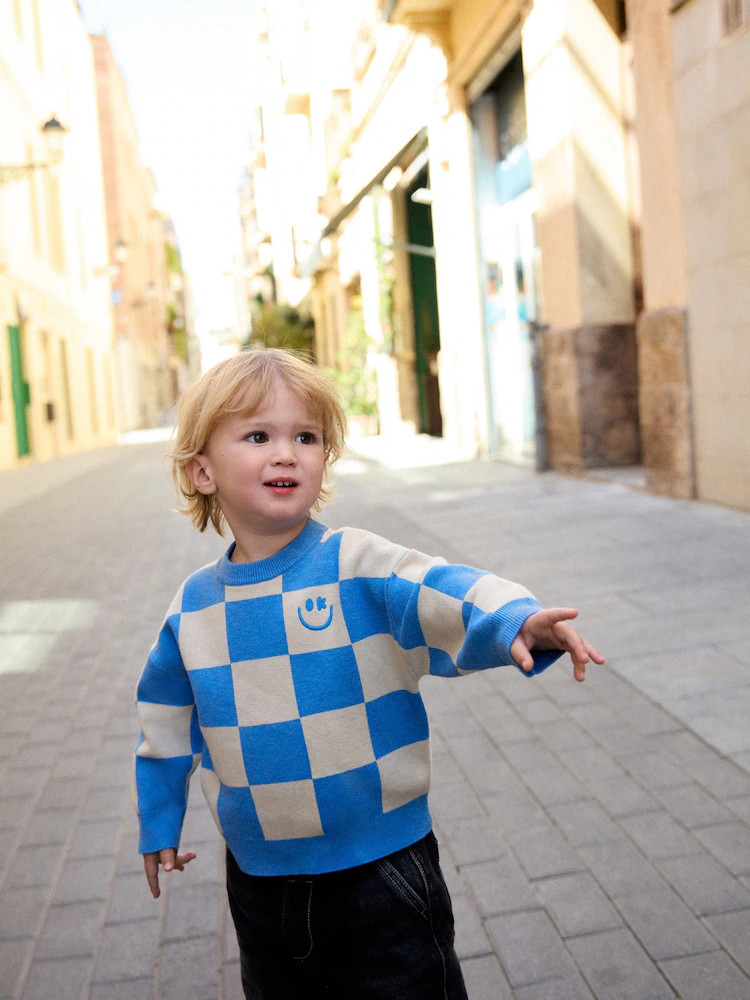 Blue Checkerboard Knitted Crew Neck Jumper (3mths-7yrs) | Next US