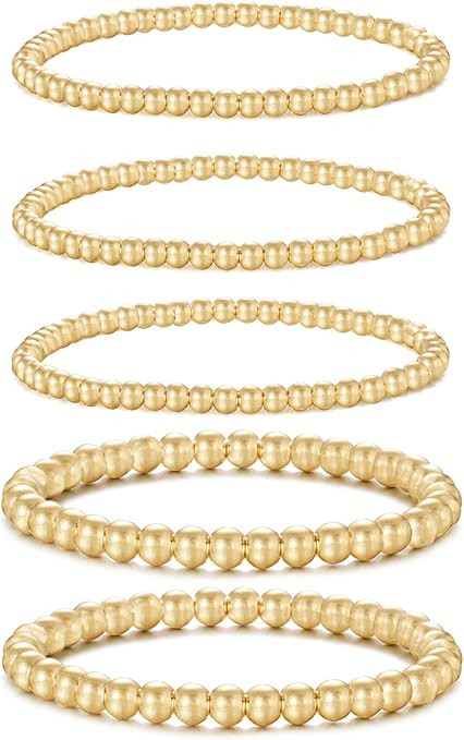 Gold Bead Bracelet for Women,14K Gold Plated Bead Ball Bracelet Stretchable Elastic Bracelet | Amazon (US)