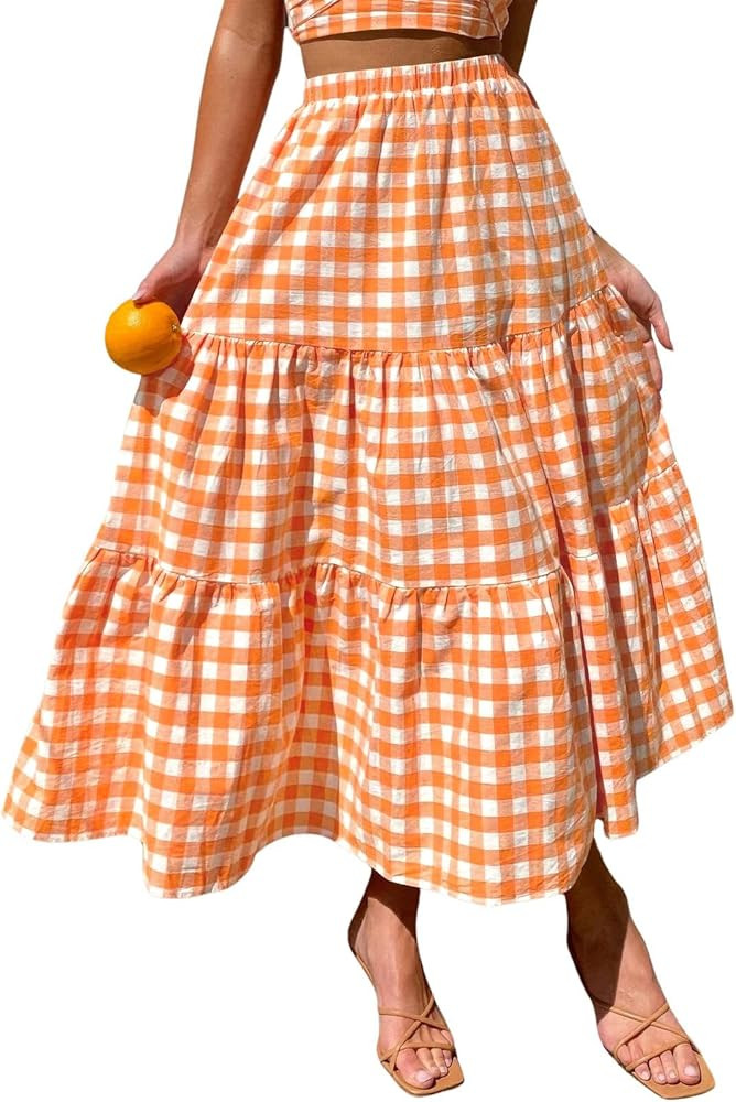 ebossy Women's Candy Color Slim Fit Elastic High Waist Plaid Gingham Tiered Flowy Boho Maxi Skirt... | Amazon (US)