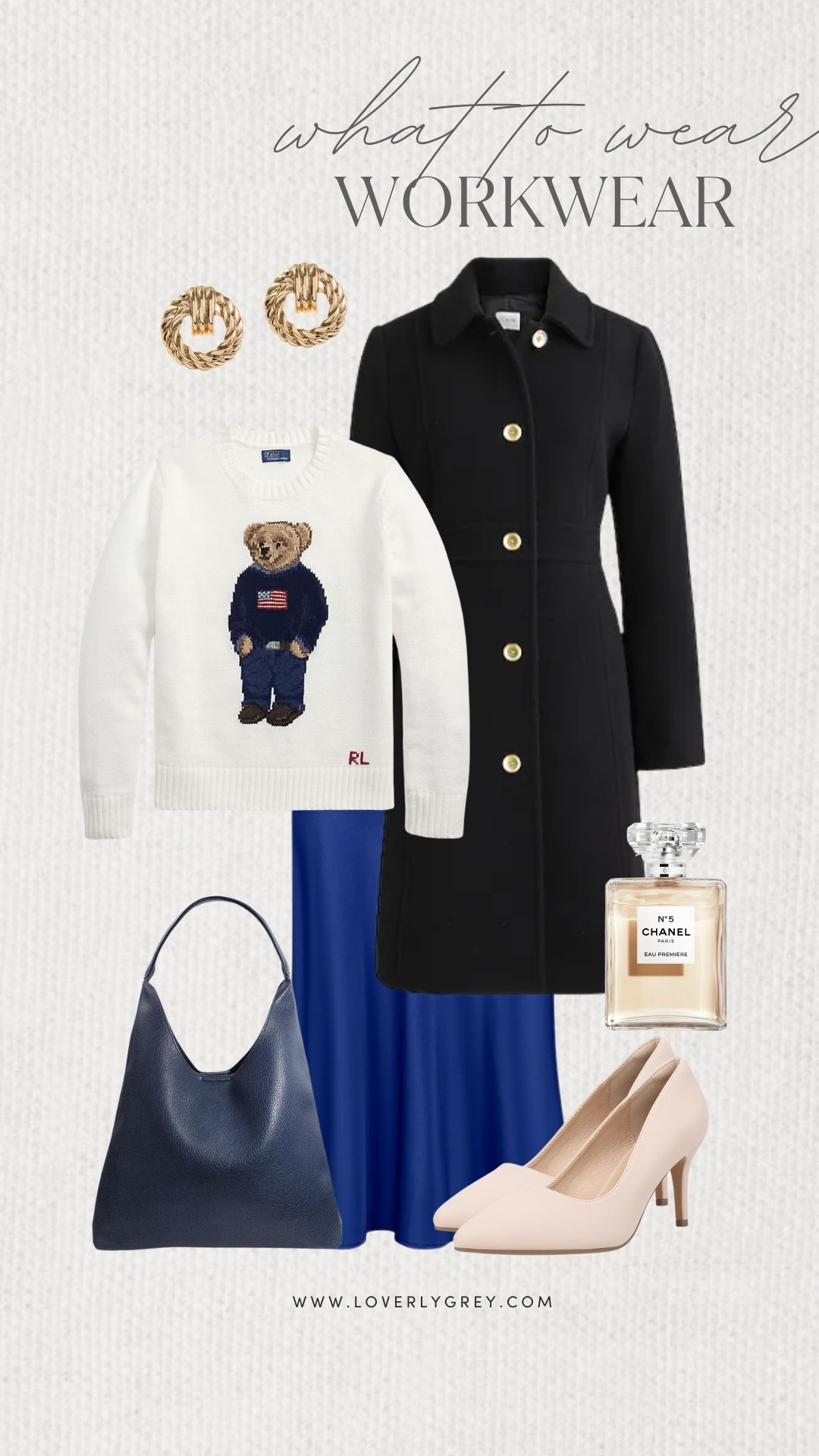 Loverly Grey, what to wear to work! I am loving the polo bear sweaters that have been trending. I paired it with a midi skirt and black coat for layering. I accessorized the look with a purse, heels, and earrings! 

#LTKBeauty #LTKSeasonal #LTKootd
