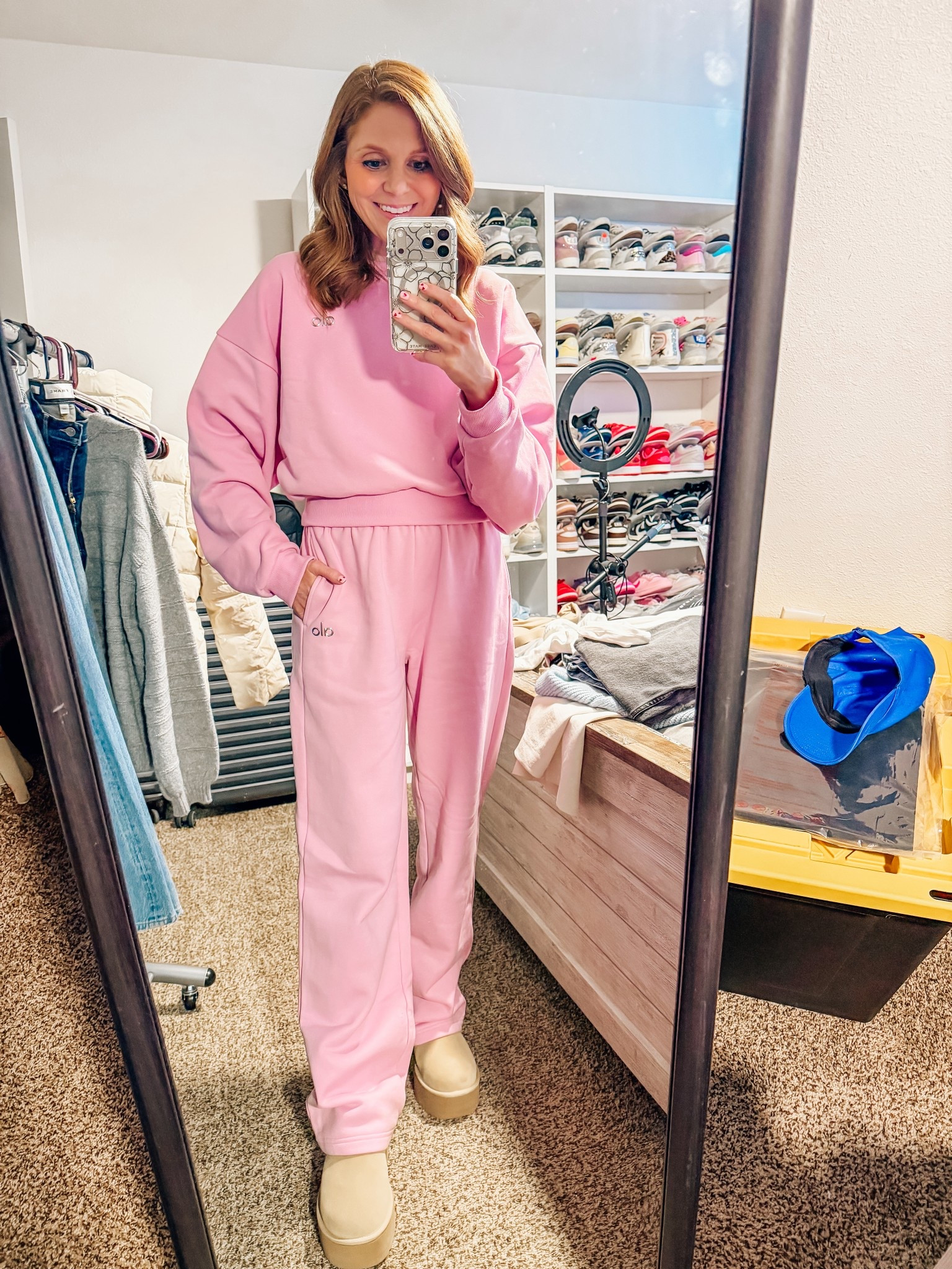 Alo cropped sweatshirt size medium size up if you don’t want it super cropped and Alo straight leg sweats size XXS size down still runs oversized 

#LTKSeasonal #LTKActive #LTKootd