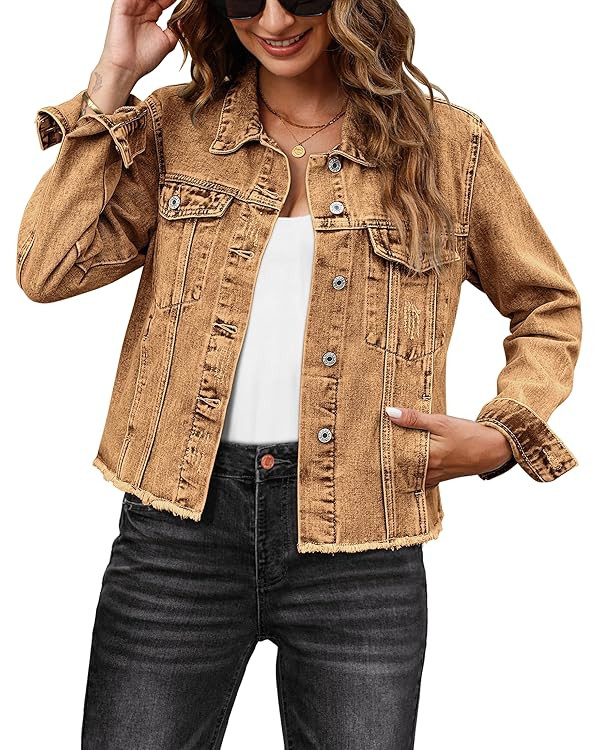 luvamia Denim Jacket for Women Distressed Jean Jackets Button Up Vintage Western Trucker Jacket F... | Amazon (US)