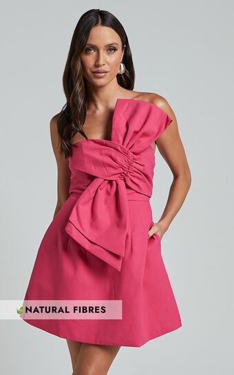 Chika Mini Dress - Linen Look Strapless Front Bow Dress in Peony Pink | Showpo (ANZ)