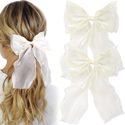 Alpinleux 2 Pcs French White Bows for Hair, Silk Yarn Ribbon Elegant White Hair Bow, Big Hair Bows, Hair Ribbons for Women, Festival, Wedding, Party | Amazon (US)