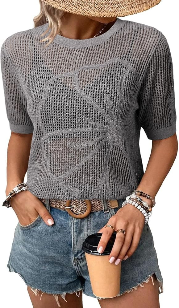 Dokotoo Womens Summer Short Sleeve Crochet Tops Hollow Out Floral Sweaters Beach Vacation Cruise ... | Amazon (US)