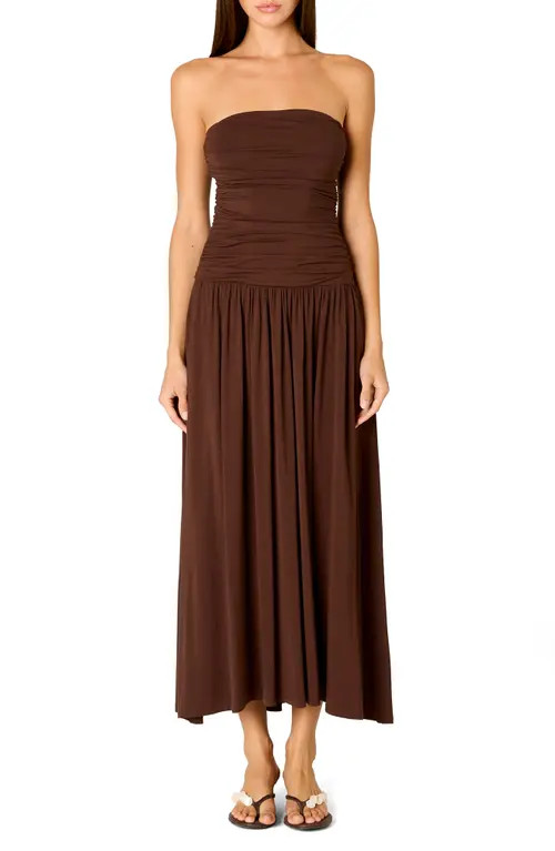 Nia Santal Ruched Strapless Midi Dress in Java at Nordstrom, Size Medium | Nordstrom