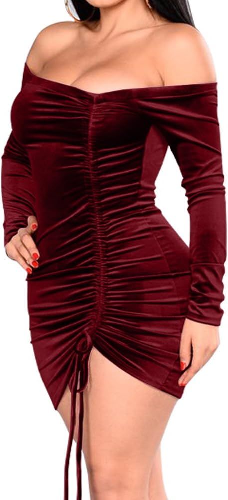 GOBLES Womens Velvet Bodycon Ruched Sexy Off Shoulder Bodycon Mini Club Dress | Amazon (US)