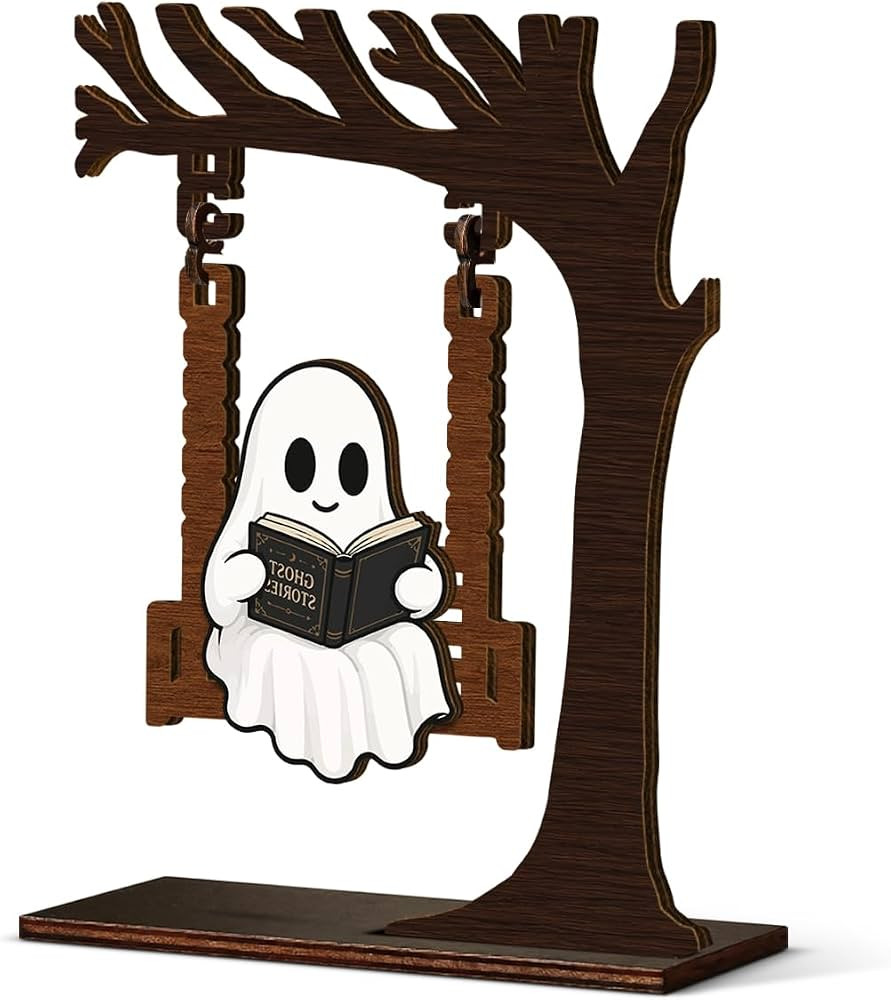 Halloween Decor Wooden Ghost on Swing Spooky Bookish Sign Bookshelf Decor | Amazon (US)