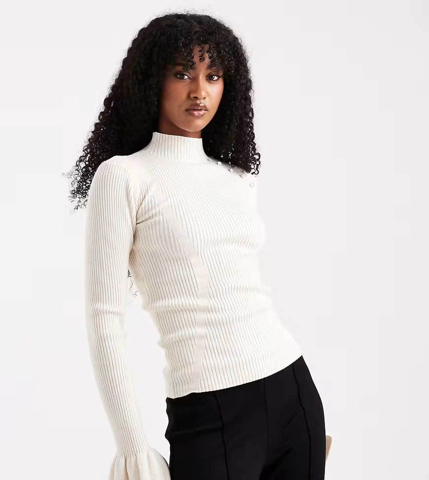 The Frolic exclusive rib knit pearl detail flare sleeve sweater in cream-White | ASOS (Global)