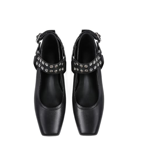 CAGLGLZ Mary Jane Flats for Women Square Toe Ballet Flats Studded Ankle Buckle Strap Comfortable Dressy Ballerina Shoes(Black,8) | Amazon (US)