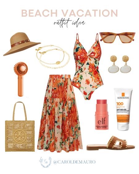Wear this matching floral orange one piece swimsuit and flowy maxi skirt set, beach hat, neutral sandals and more to your next beach or pool trip!
#vacationstyle #amazonfinds #resortwear #beachoutfit

#LTKStyleTip #LTKSeasonal #LTKSwim