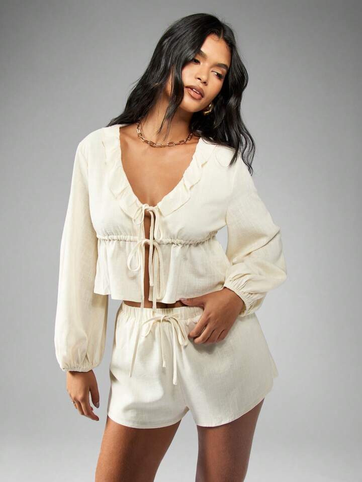 MISSGUIDED Rüschen-Smock-Oberteil Und Shorts Zweiteiler Co-Ord Set | SHEIN