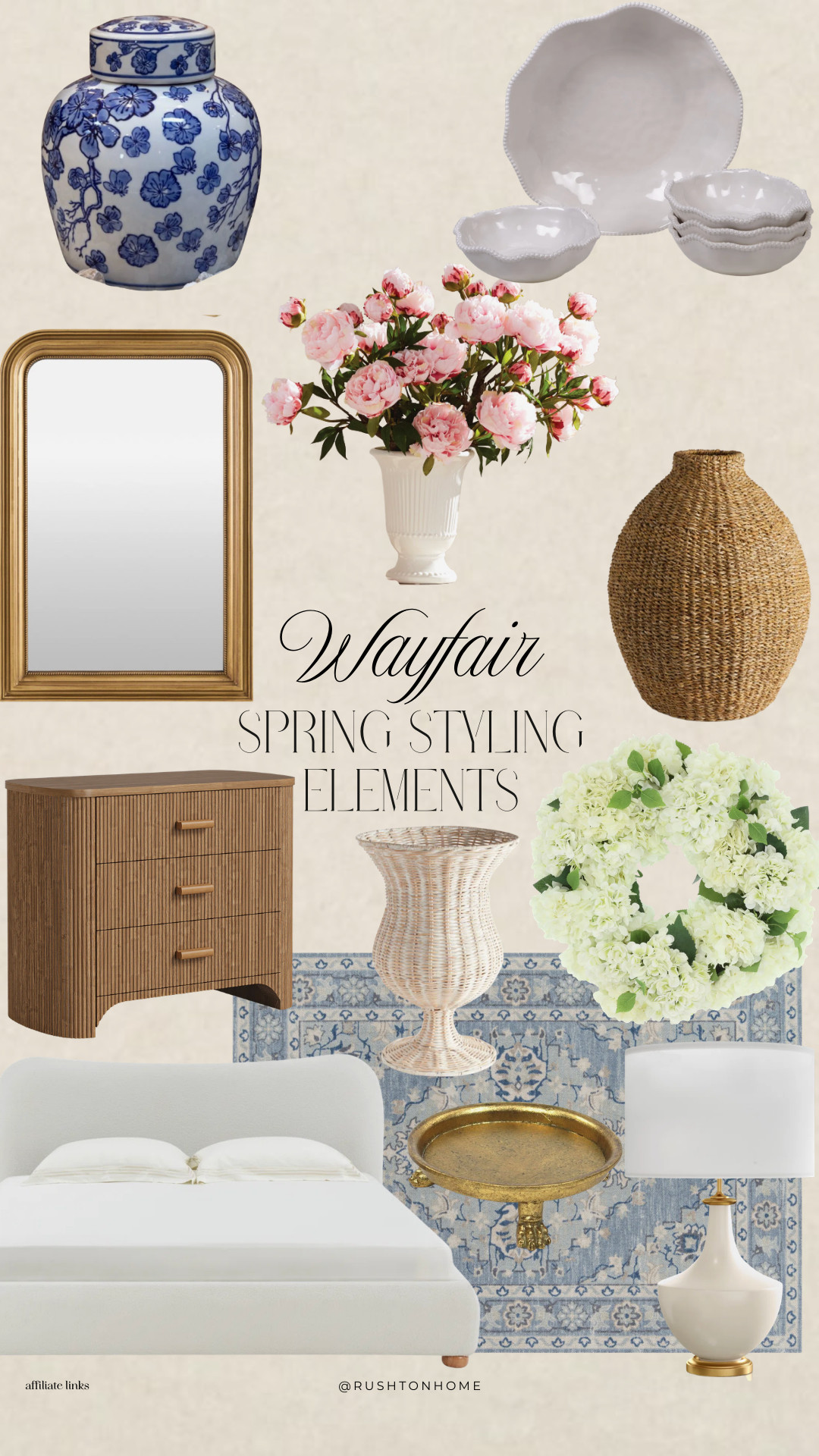 Wayfair spring home decor, spring home styling ideas, blue and white ceramic vase decor, floral spring home decor, woven basket vase decor, rattan accent decor wayfair, spring wreath front door hydrangea, neutral spring bedroom decor, vintage style gold tray decor, cane wood dresser wayfair, wicker accent vase decor, spring home refresh decor, classic spring styling home decor, soft neutral spring decor ideas 

 #LTKSeasonal #LTKHome
