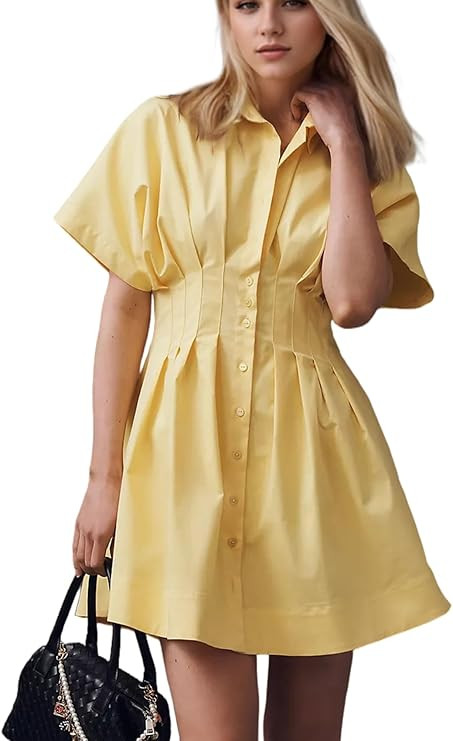 Women Button Down Pleated Shirt Dress Striped Short Sleeve Summer Casual Business Flowy Mini Shor... | Amazon (US)